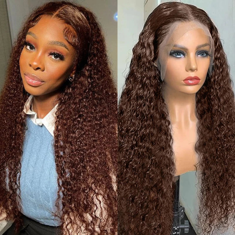 Chocolate Brown 13x6 13x4 Deep Water Wave Lace Front Wigs Human Hair For Women Pre Plucked #4 Colored Curly Lace Front Wigs