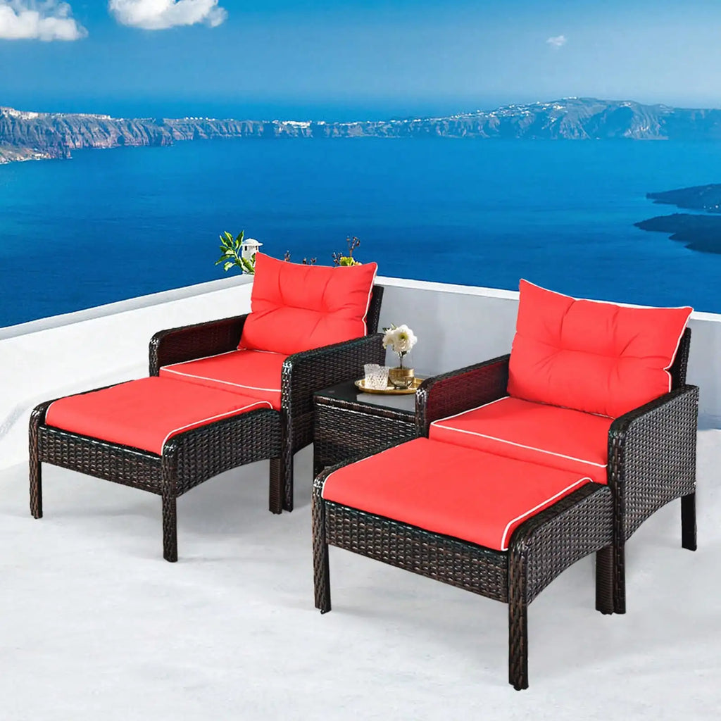 5PCS Patio Set Sectional Rattan Wicker Furniture Set w/ Red Cushion