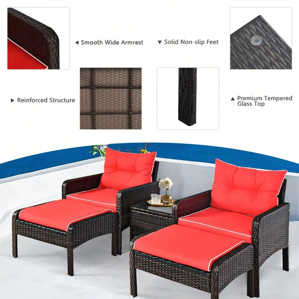 5PCS Patio Set Sectional Rattan Wicker Furniture Set w/ Red Cushion