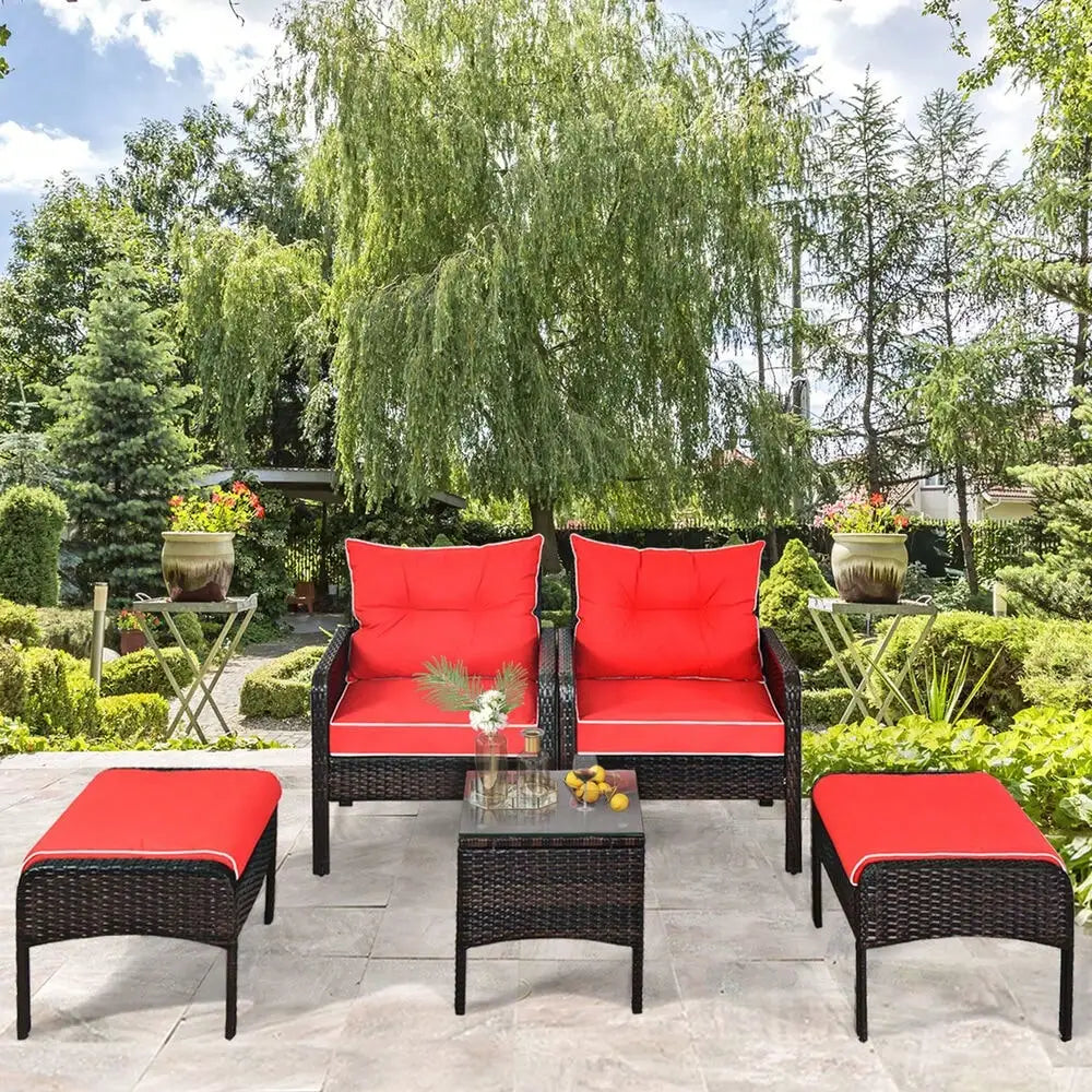 5PCS Patio Set Sectional Rattan Wicker Furniture Set w/ Red Cushion