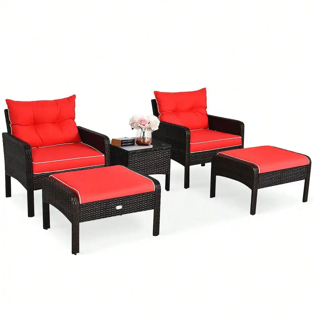 5PCS Patio Set Sectional Rattan Wicker Furniture Set w/ Red Cushion