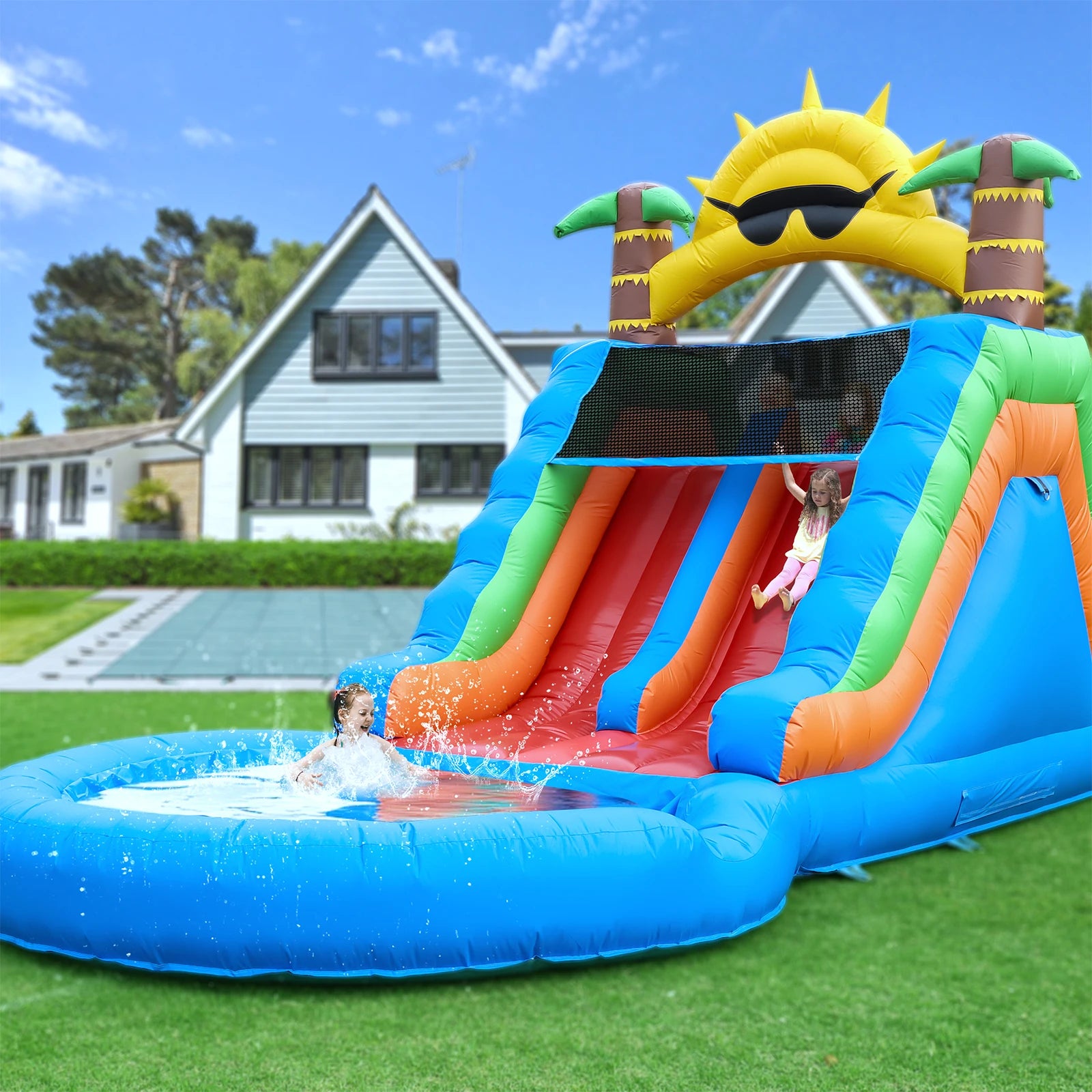 Inflatable water slide, Commercial Bounce House with Water Slide PVC and a 1100W Air blower Children's playground bubble pool