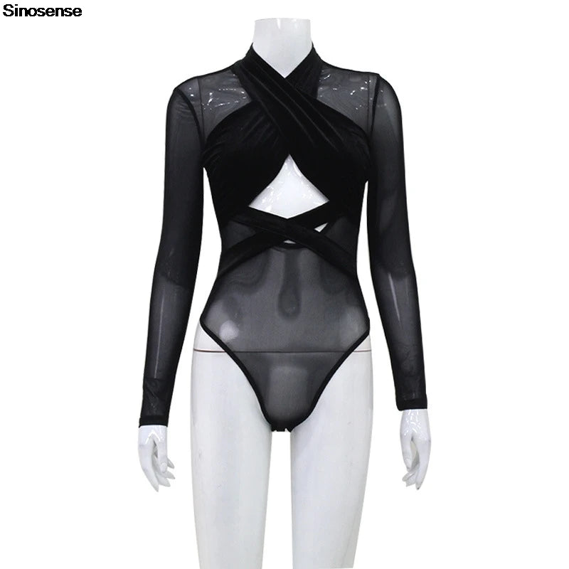 Women's Sheer Mesh Velvet Patchwork Long Sleeve Bodysuit Fall Slim Body Suit Tops Y2K Going Out Date Night Club Party Leotards