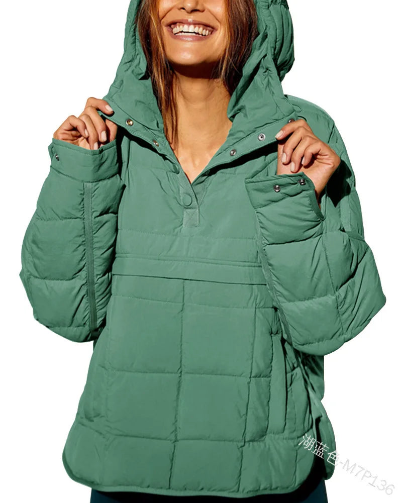 Autumn Winter Cotton Pad Parkas Women Long Sleeve Loose Solid Hooded Warm Pullover Jacket Outwear NSFZ-Y3150