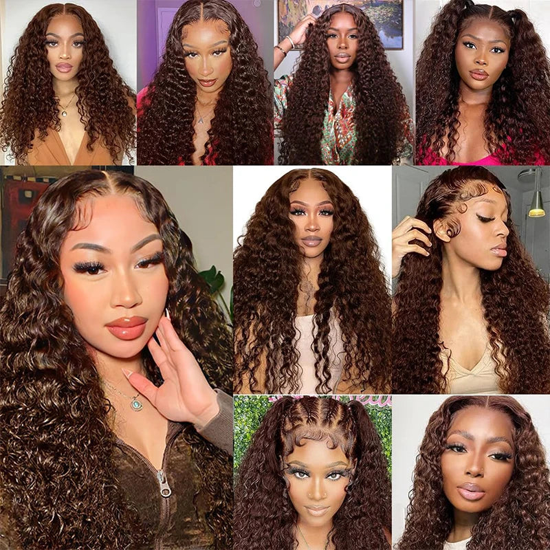 Chocolate Brown 13x6 13x4 Deep Water Wave Lace Front Wigs Human Hair For Women Pre Plucked #4 Colored Curly Lace Front Wigs