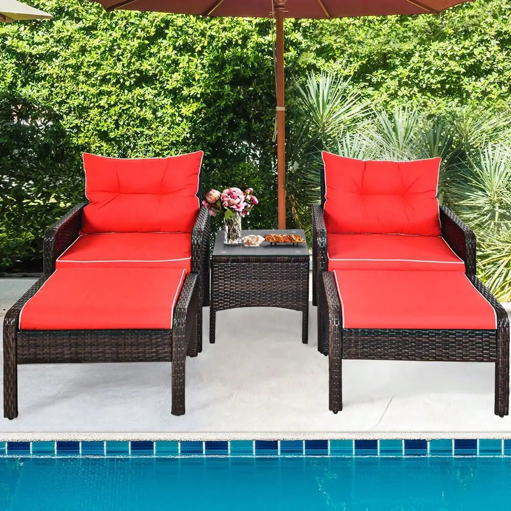 5PCS Patio Set Sectional Rattan Wicker Furniture Set w/ Red Cushion