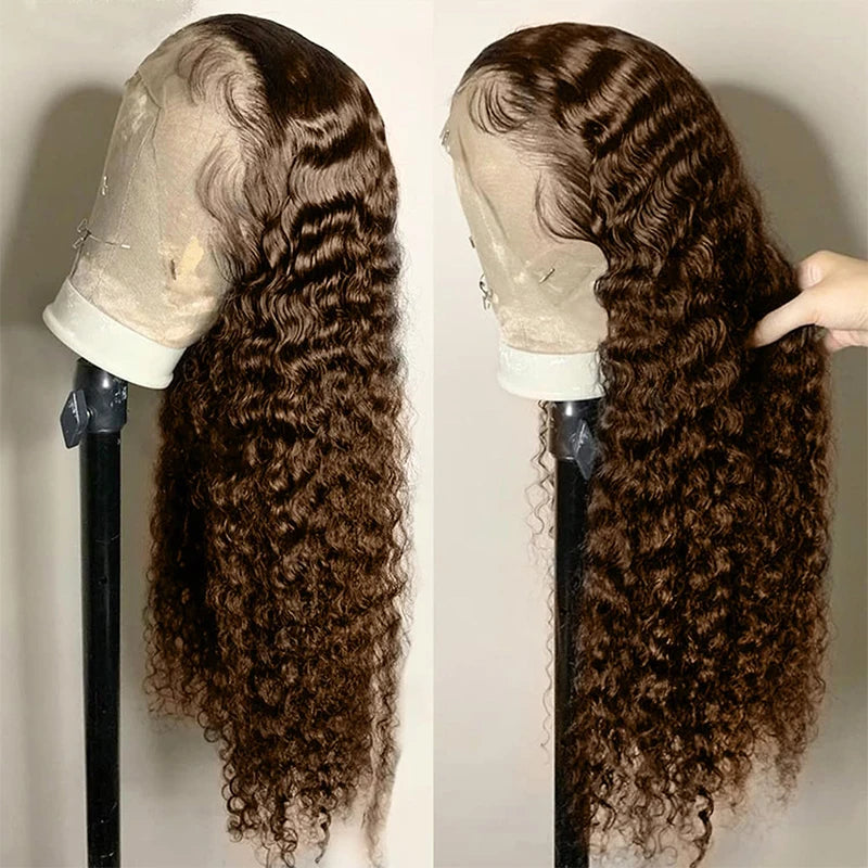 Chocolate Brown 13x6 13x4 Deep Water Wave Lace Front Wigs Human Hair For Women Pre Plucked #4 Colored Curly Lace Front Wigs
