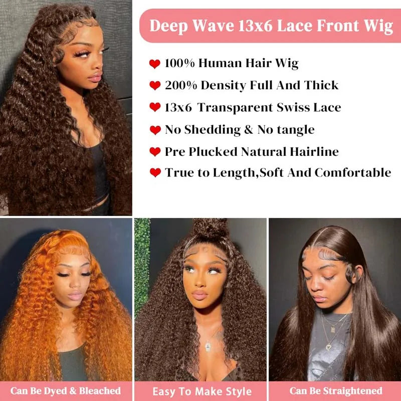 Chocolate Brown 13x6 13x4 Deep Water Wave Lace Front Wigs Human Hair For Women Pre Plucked #4 Colored Curly Lace Front Wigs