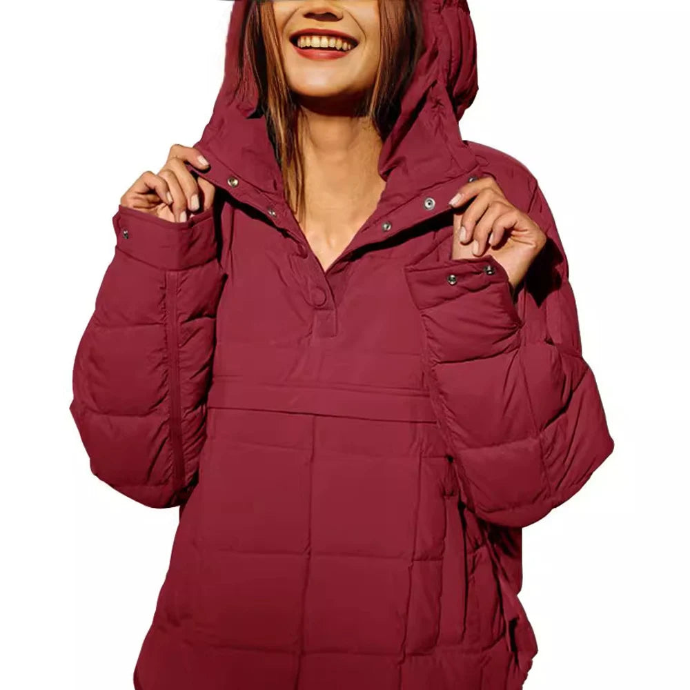 Autumn Winter Cotton Pad Parkas Women Long Sleeve Loose Solid Hooded Warm Pullover Jacket Outwear NSFZ-Y3150
